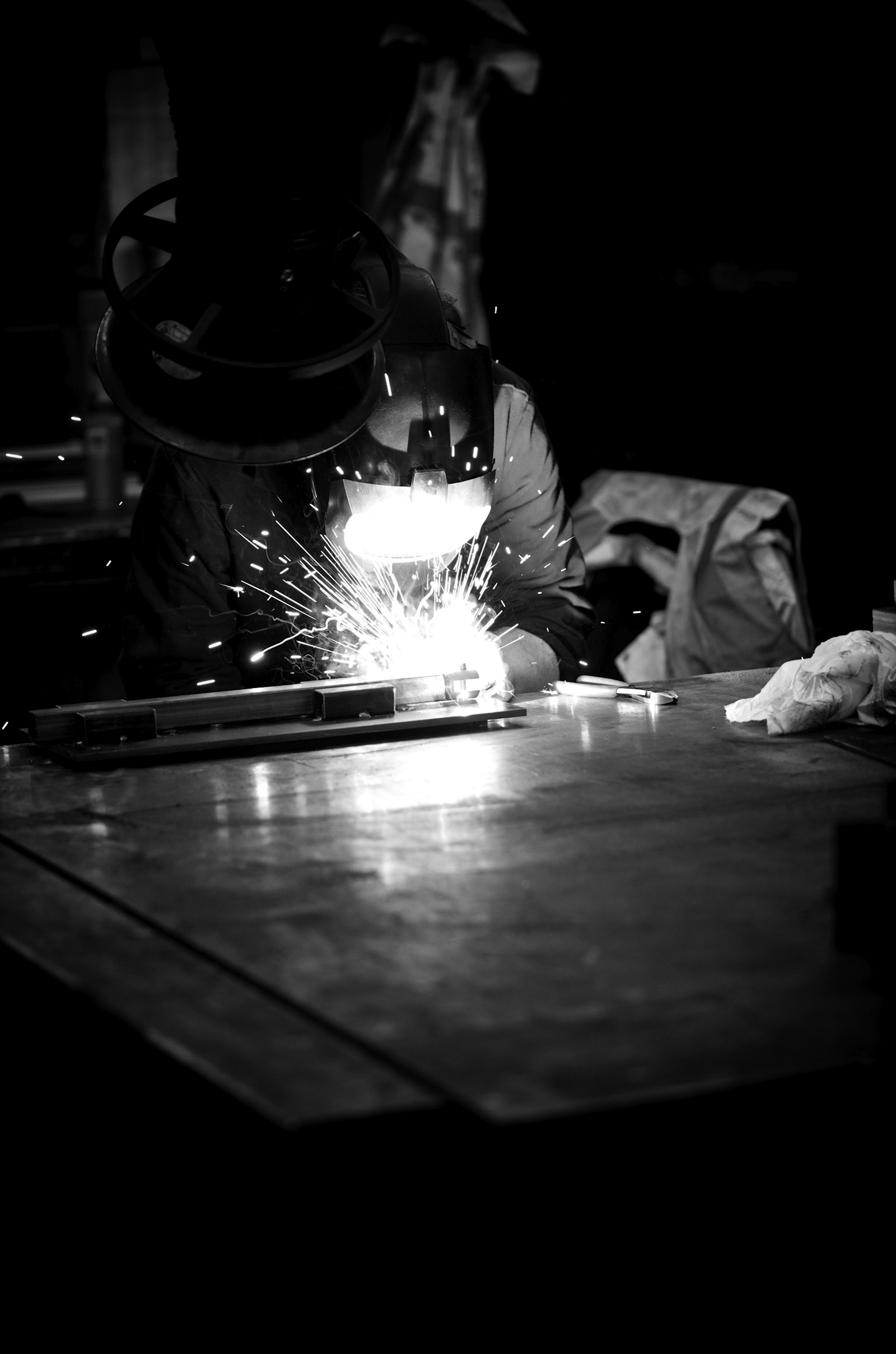 Arc welding on a steel workpiece